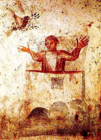 Τοιχογραφία του Νώε στις κατακόμβες της Πρίσκιλλας. Προσεύχεται στον Θεό με τον τρόπο της Σταύρωσης