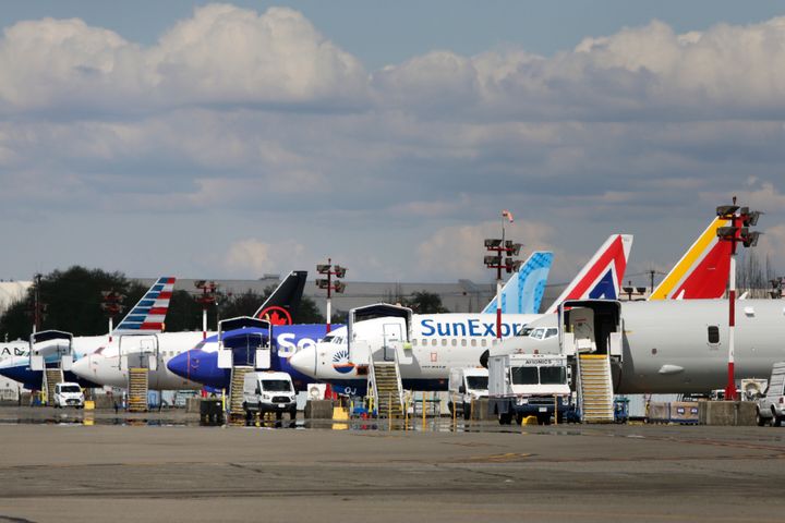 Boeing 737 Max 9 airliners are pictured at a Boeing factory in Renton, Washington, on April 20, 2020. Boeing said it locked out its unionized firefighters early Saturday morning.