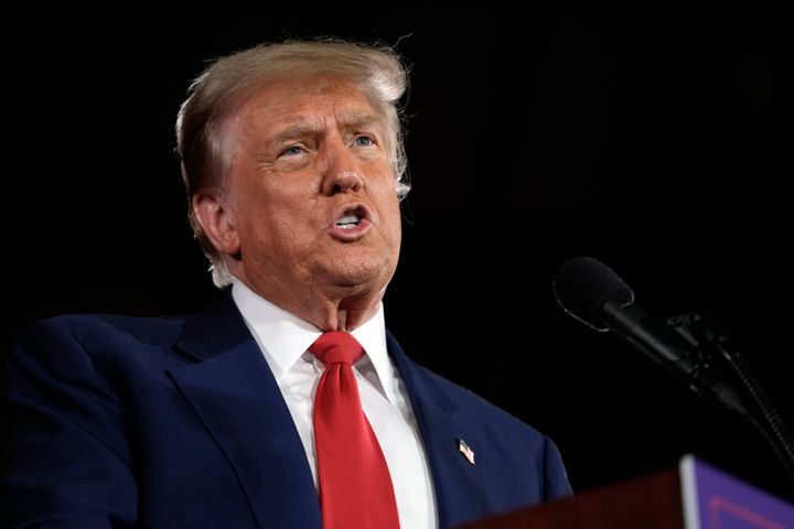 Republican presidential candidate former President Donald Trump speaks at a campaign rally on Wednesday, May 1, 2024.