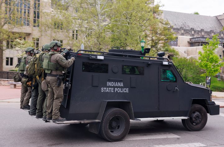 Indiana State Police brought an armored vehicle while arresting activists on the third day of a pro-Palestinian encampment in Dunn Meadow at Indiana University. 
