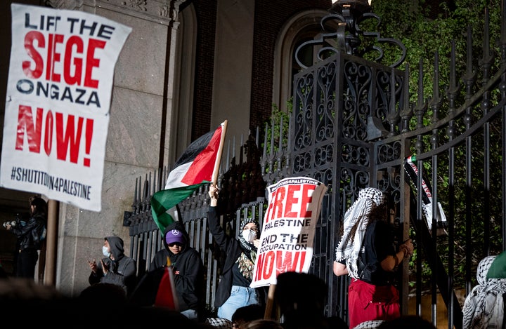 Pro-Palestianian protesters gather near a main gate at Columbia University in New York on April 30.