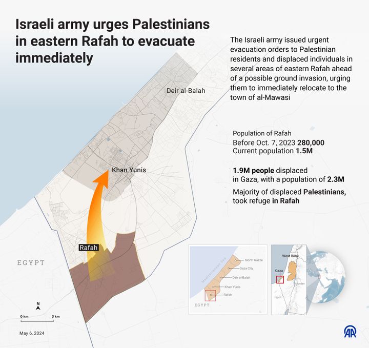 在计划进行地面入侵之前，以色列军队向拉法东部几个地区的巴勒斯坦人和其他流离失所者发出疏散命令，敦促他们立即搬迁到沿海城镇马瓦西。