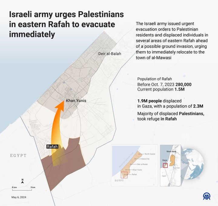 The Israeli army issued evacuation orders to Palestinians and other displaced people in several areas of eastern Rafah ahead of a planned ground invasion, urging them to immediately relocate to the coastal town of al-Mawasi.