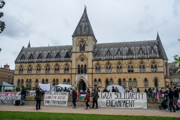 A pro-Palestine encampment set up by student activists in front of the Oxford University Museum of Natural History on May 6, 2024.