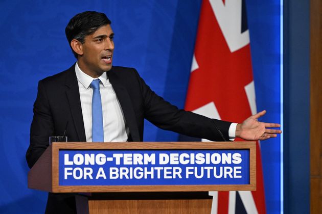 PM Rishi Sunak delivers a speech during a press conference on the net zero target, at the Downing Street Briefing Room, in central London, in September