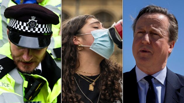 Police officers attending a protest; students campaigning in favour of Palestine; foreign secretary David Cameron
