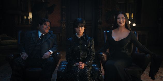 Luis Guzmán, Jenna Ortega and Catherine Zeta-Jones The Addams Family in Wednesday