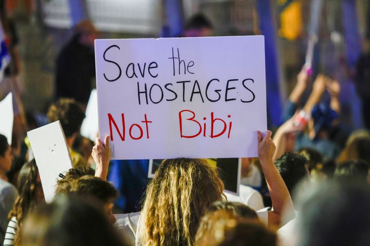 People march as they stage a demonstration demanding that the Israeli government accept the proposal for a cease-fire and a prisoner exchange agreement in Tel Aviv, Israel on May 6, 2024.