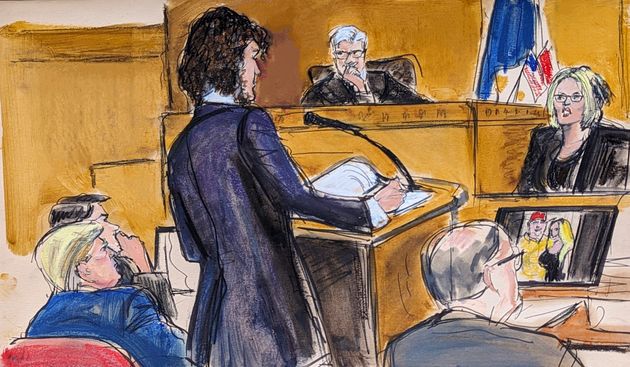 In a courtroom sketch, Judge Juan Merchan presides Tuesday as Stormy Daniels (far right) answers questions from Assistant District Attorney Susan Hoffinger in Manhattan criminal court as former President Donald Trump and defense attorney Todd Blanche look on.
