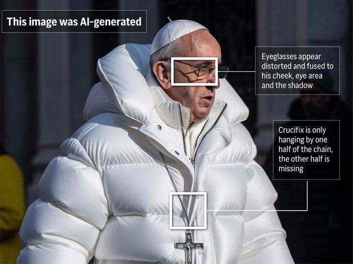 A photo-illustrated graphic that highlights just a few notable areas of an AI-generated deepfake of Pope Francis that went viral on social media.