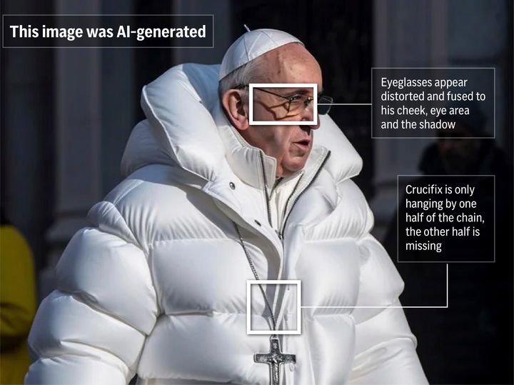 Eine Grafik hebt nur einige der bemerkenswerten Bereiche des KI-generierten Deepfakes von Papst Franziskus hervor, der sich in den sozialen Medien verbreitet hat.