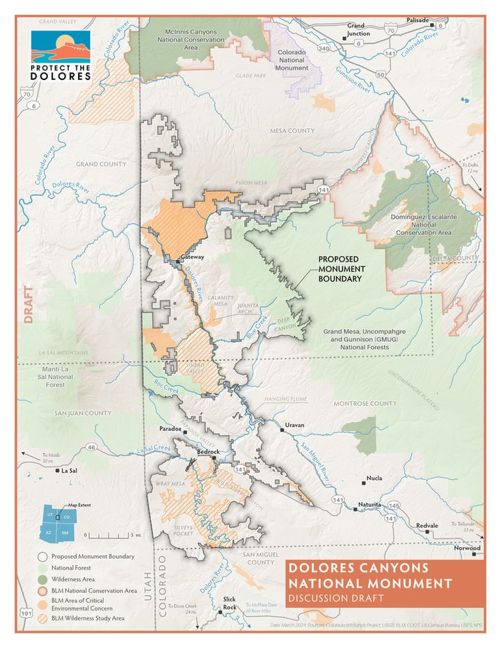 This map shows the boundary of the proposed Dolores Canyons National Monument, as envisioned by a coalition of conservation groups. 