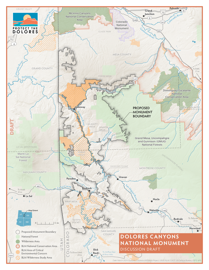 This map shows the boundary of the proposed Dolores Canyons National Monument, as envisioned by a coalition of conservation groups. 