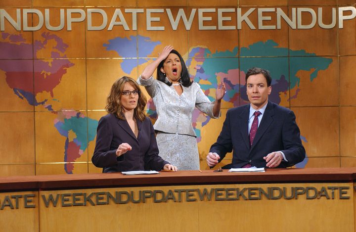 Fey, Rudolph and Fallon during a "Weekend Update" segment in 2004. 