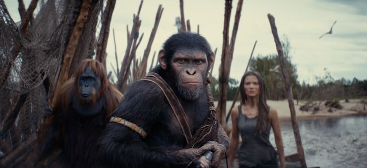 (L-R): Raka (Peter Macon), Noa (Owen Teague) and Freya Allan as Mae in "Kingdom of the Planet pf the Apes."