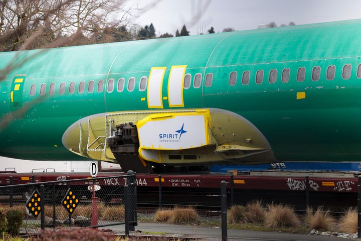The Spirit AeroSystems logo is pictured on an unpainted 737 fuselage at Boeing's factory in Renton, Washington.