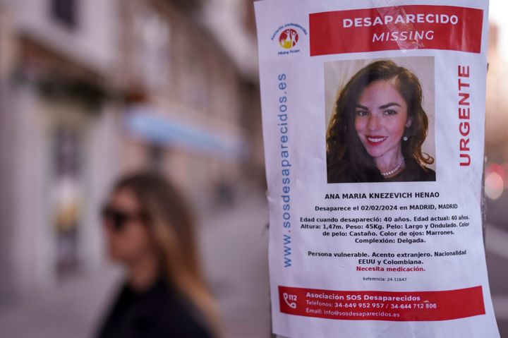 A banner of Colombian-born American missing woman Ana Maria Knezevich Henao, 40, is displayed on a streetlight in Madrid, Spain, on Feb. 16. Her estranged husband, David Knezevich, has been charged by U.S. federal agents with her kidnapping.