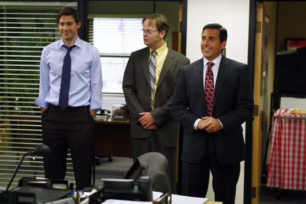 John Krasinski as Jim Halpert, Rainn Wilson as Dwight Schrute and Steve Carell as Michael Scott in The Office