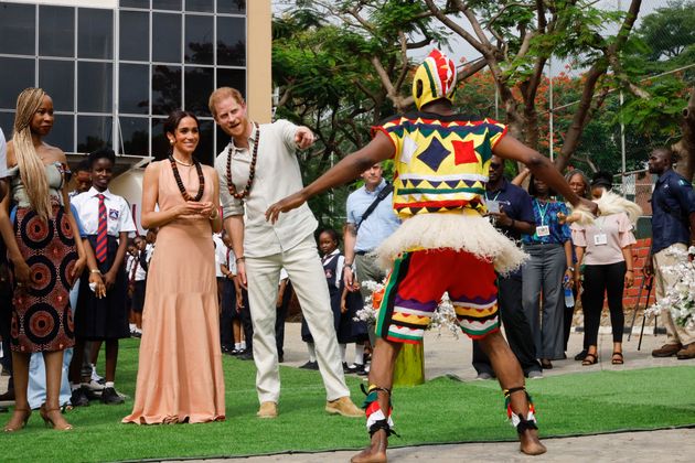 The Duke and Duchess of Sussex visit Lightway Academy on Friday in Abuja, Nigeria. The school was kicking off a two-day mental health summit.