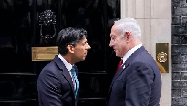 Britain's Prime Minister Rishi Sunak, left, welcomes Israel Prime Minister Benjamin Netanyahu at Downing Street in London, in March 2023.
