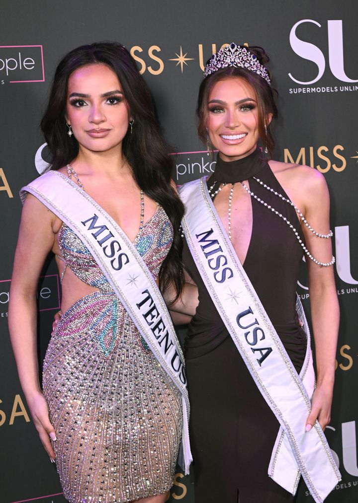 UmaSofia Srivastava, the winner of Miss Teen USA 2023, and Noelia Voigt, the winner of Miss USA 2023, attend an event at Nebula Nightclub on Feb. 10, 2024, in New York City.