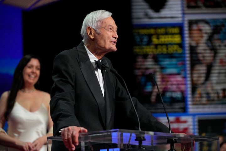 Roger Corman addresses the audience during the awards ceremony of the 76th international film festival, Cannes, southern France, Saturday, May 27, 2023. (AP Photo/Daniel Cole, File)