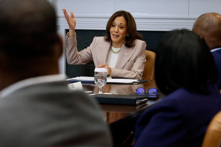 Vice President Kamala Harris hosts a roundtable discussion on criminal justice reform at the White House on April 25. She gave a fiery speech, which included one choice F-bomb, during an event in Washington, D.C., on Monday.