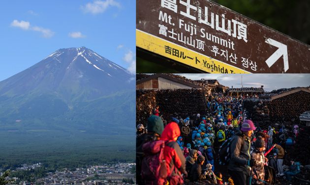 夏の富士山（左）と、登山道の標識（右上）、混雑する富士山の山頂