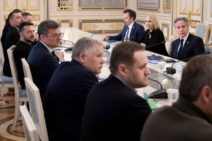 Ukraine's President Volodymyr Zelenskyy, fourth left, and U.S. Secretary of State Antony Blinken, rear right, attend a meeting in Kyiv, Ukraine, on May 14, 2024. 