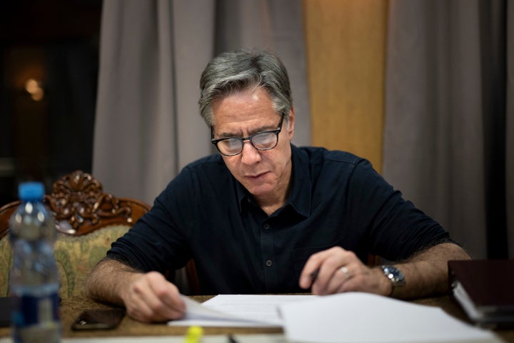 U.S. Secretary of State Antony Blinken works while traveling on a Ukraine Railways train to Kyiv, on May 13, 2024, near Lviv, Ukraine.