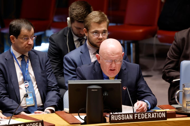 Russian Ambassador to the United Nations, Vassily Nebenzia, speaks during a U.N. Security Council meeting on the war in Gaza at the U.N. headquarters on May 13, 2024 in New York City. Nebenzia criticized International Criminal Court prosecutor Karim Khan over his decision last year to issue an arrest warrant for Russian President Vladimir Putin stemming from the ongoing war in Ukraine.