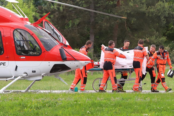 This photo shows Slovak Prime Minister Robert Fico being transported from a helicopter by medics to the hospital in Banska Bystrica, Slovakia where he is to be treated after he had been shot 