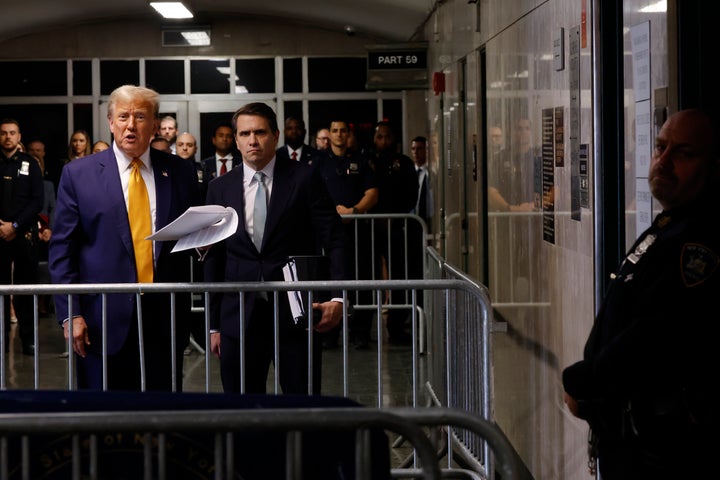 Donald Trump remarks on the case against him before leaving the New York courthouse for the day on Tuesday, May 14.