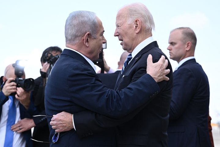 President Joe Biden (right) embraces Israeli Prime Minister Benjamin Netanyahu during an October visit shortly after Hamas' terror attack on Israelis. Biden has since grown frustrated with Netanyahu.