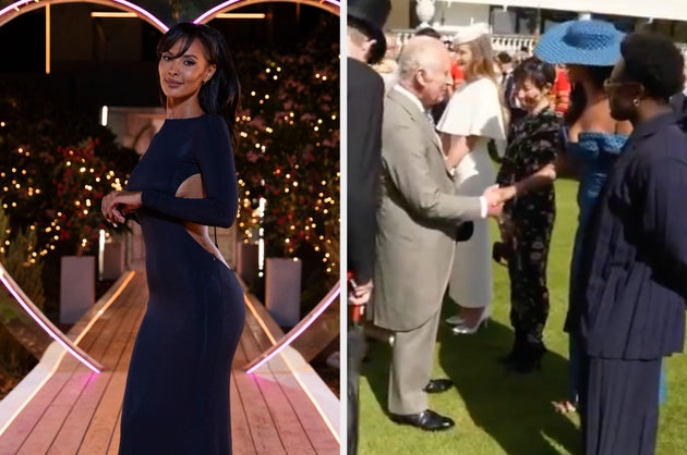 Maya Jama in the Love Island villa (left) and meeting King Charles (right)