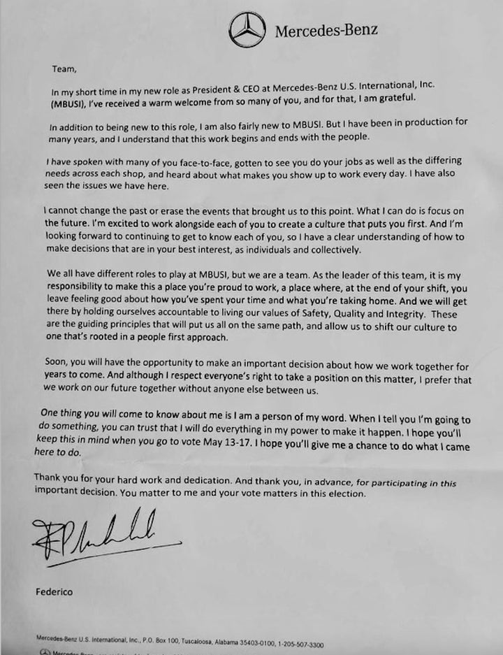 The letter Federico Kochlowski sent to Mercedes-Benz employees in Alabama ahead of the union vote. He asked workers to "give me a chance."