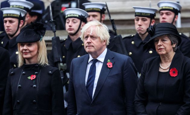 Liz Truss, Boris Johnson and Theresa May attend the Remembrance Sunday ceremony at the Cenotaph last November.
