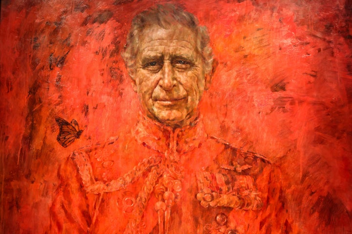 A close-up view of King Charles' first official portrait since the coronation, on public display at Philip Mould Gallery in London on May 16. The painting shows the king in the uniform of the Welsh Guards.