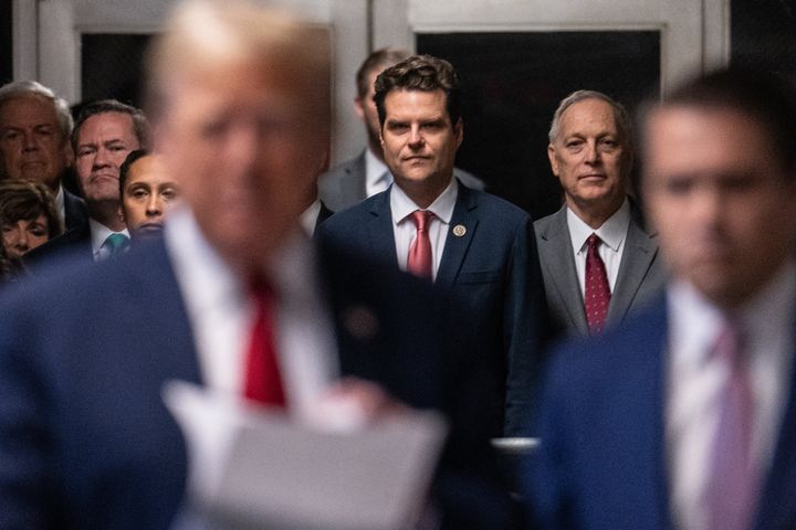 "I'm in the shot, I'M IN THE SHOT!" -- something Rep. Matt Gaetz (R-Fla.) probably said in his head as he positioned himself to appear in a photo with Donald Trump at the former president's criminal hush money trial.
