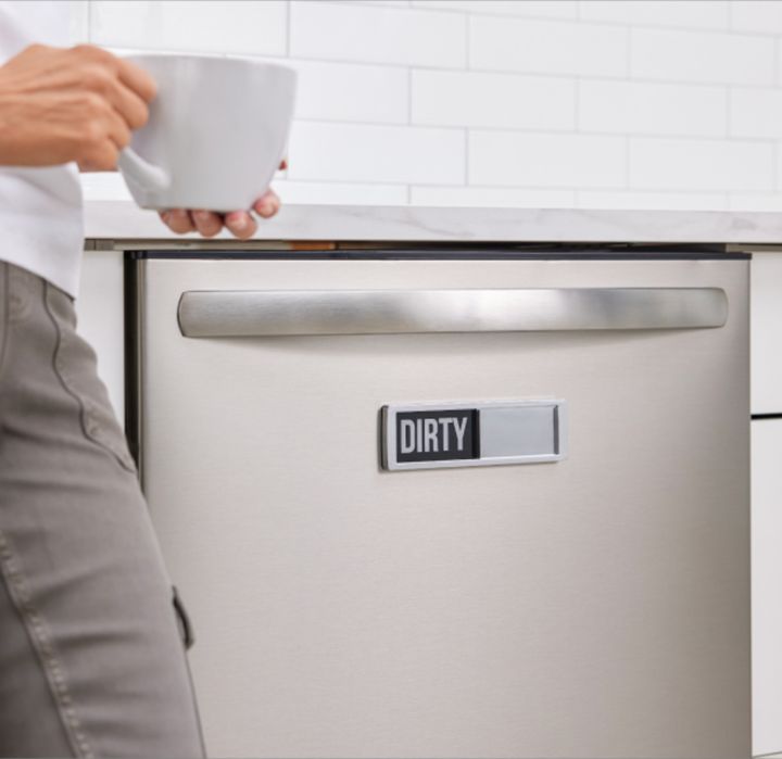 The Gorilla Grip dirty/clean dishwasher sign attaches to your washer via built-in magnets or included adhesive.