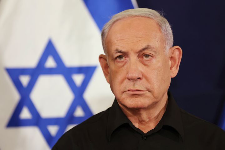 FILE - Israeli Prime Minister Benjamin Netanyahu attends a press conference with Defense Minister Yoav Gallant and Cabinet Minister Benny Gantz in the Kirya military base in Tel Aviv, Israel, Saturday, Oct. 28, 2023. (Abir Sultan/Pool Photo via AP, File)