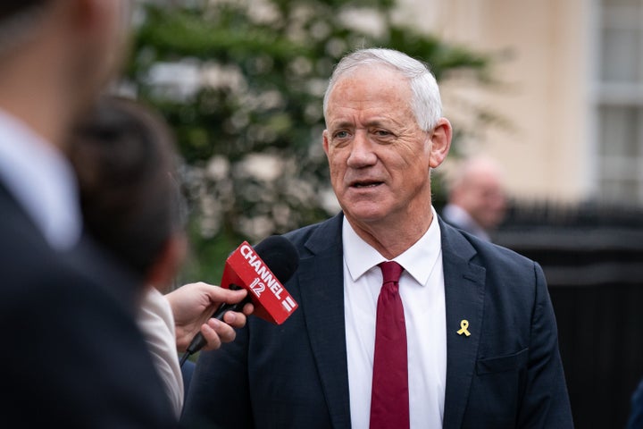 Benny Gantz, a retired general and a member of Israel's war cabinet, speaks to media outside London's Carlton Gardens on Wednesday, March 6, 2024. Gantz, who is Prime Minister Benjamin Netanyahu's main political rival, threatened to leave the government if Israeli leaders do not create a plan by June 8, 2024, that includes an international administration for postwar Gaza.