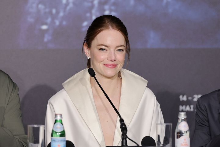 Emma Stone attends the "Kinds Of Kindness" press conference ahead of the 77th annual Cannes Film Festival Saturday.