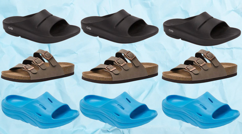 Oofos Ooahh slide sandal, Cushionaire three-strap slide and Hoka Ora recovery slide