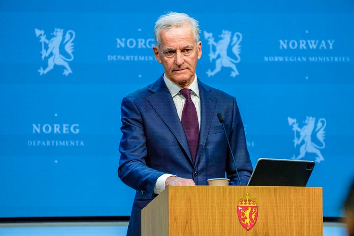 Norway's Prime Minister Jonas Gahr Store announces during a press conference that Norway recognises Palestine as an independent state, in Oslo, on May 22, 2024.