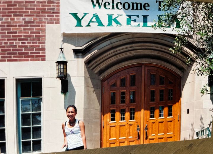 The author is seen in front of the Yakeley dormitory at Michigan State University in 2000.