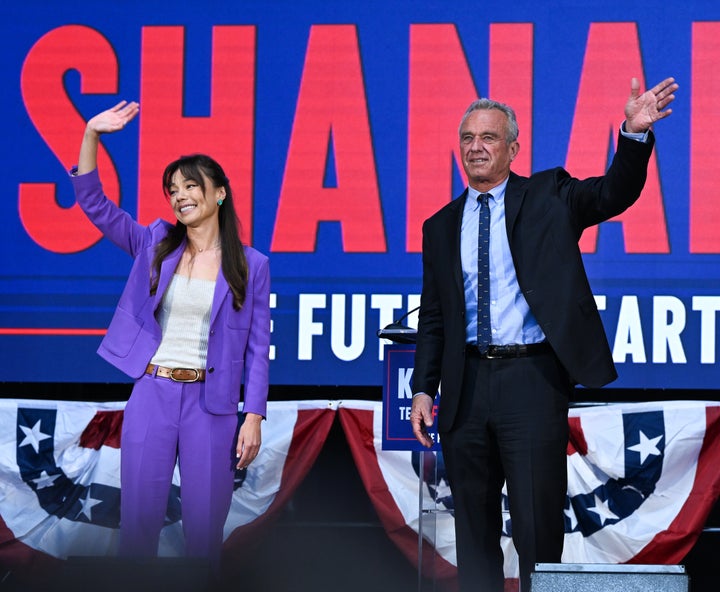 Nicole Shanahan with Robert F. Kennedy Jr. after he announced in March that she'd be his presidential campaign running mate. On Wednesday, The New York Times published an investigation into her days in Silicon Valley.