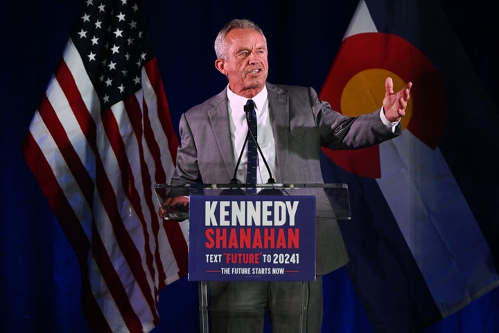 Kennedy speaks during a voter rally at The Hangar at Stanley Marketplace in Aurora, Colorado on May 19, 2024.