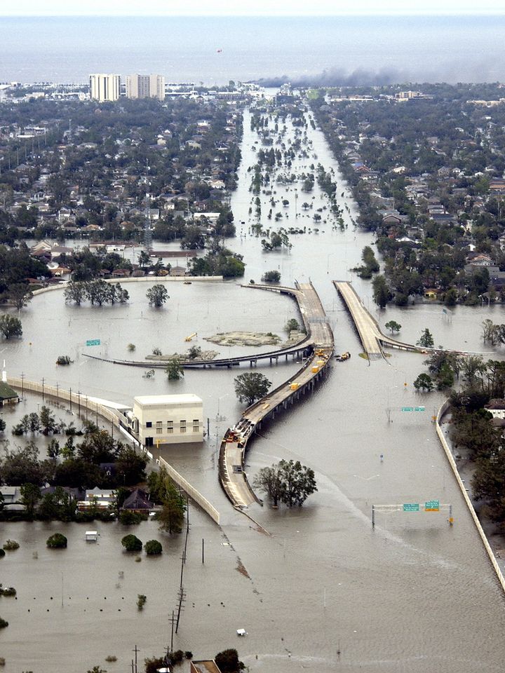 Flooded roadways are seen in New Orleans, Louisiana after Hurricane Katrina made landfall as a Category 4 storm in 2005. 