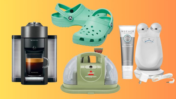 A Nespresso coffee maker, A pair of Crocs clogs, A NuFace Trinity device and a Bissell Little Green machine.